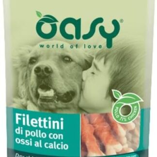 Oasy Snack Cane, deliziosi filettini di pollo con ossi al calcio per cani adulti e cuccioli di tutte le taglie | 3 confezioni da 100 grammi l’una.