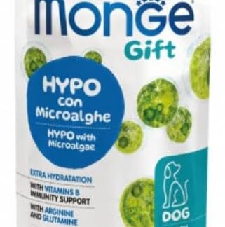 Monge Snack Cane Gift Hypo con Microalghe, snack per cani con intolleranze alimentari, gusto Fegato, senza cereali | 3 bustine da 60ml l’una.