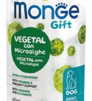 Monge Snack Cane Gift Vegetal con Microalghe, snack per cani con intolleranze alimentari,vegetale e senza cereali | 3 bustine da 60ml l’una.