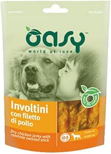 Oasy Snack Cane, deliziosi involtini con filetto di pollo per cani adulti e cuccioli di tutte le taglie | 3 confezioni da 100 grammi l’una.