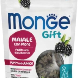 Monge Snack Cane Gift, snack per cani cuccioli di tutte le taglie, gusto Maiale con More, senza cereali,favorisce il sostegno immunitario | | 3 confezioni da 150 grammi l’una.