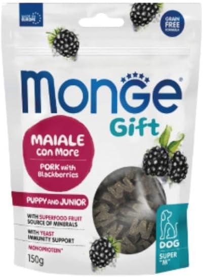 Monge Snack Cane Gift, snack per cani cuccioli di tutte le taglie, gusto Maiale con More, senza cereali,favorisce il sostegno immunitario | | 3 confezioni da 150 grammi l’una.