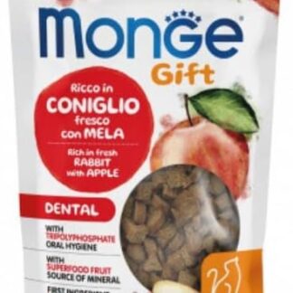 Monge Snack Gatto Gift Dental, snack per gatti adulti di tutte le taglie, gusto CONIGLIO con MELA,senza cereali, alta appetibilità per palati difficili, igiene dentale | 3 bustine da 50 grammi l’una