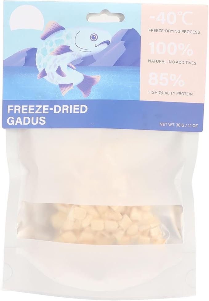 LIYJTK Snack di cereali di merluzzo a dadini liofilizzati Snack nutrienti ad alto contenuto proteico di cereali Gadus liofilizzati a dadini facili da digerire per gatti miagolati cani