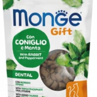 Monge Snack Gatto Gift Dental, snack per gatti adulti di tutte le taglie, gusto CONIGLIO con MENTA, senza cereali, azione di pulizia dentale | 3 bustine da 60 grammi l’una.