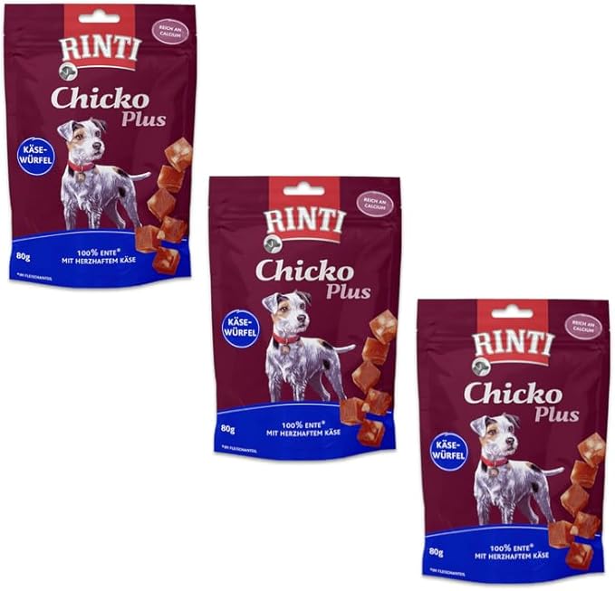Rinti Chicko Plus Formaggio a Cubetti Anatra per cani | Confezione Tripla | 3 x 80 g | Filetto di petto d'anatra delicatamente essiccato all'aria | In un pratico sacchetto richiudibile