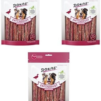 Dokas Snack di Petto d'Anatra a Strisce | Confezione Tripla | 3 x 250g | Snack da masticare per cani a base di petto d'anatra | Essiccato all'aria e povero di grassi | Per premiare i cani