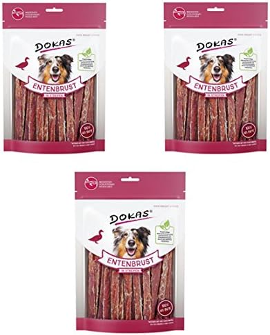 Dokas Snack di Petto d'Anatra a Strisce | Confezione Tripla | 3 x 250g | Snack da masticare per cani a base di petto d'anatra | Essiccato all'aria e povero di grassi | Per premiare i cani