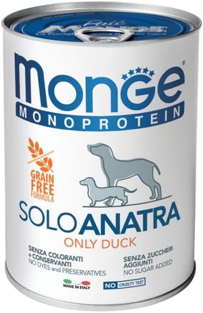 Monge Monoprotein Cane Grainfree, alimento completo per cani adulti di tutte le taglie, monoproteico, senza cereali gusto ANATRA | 6 scatolette da 400 grammi l’una.