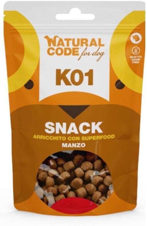 Natural code Snack Cane,snack per cani adulti e cuccioli di tutte le taglie,morbidi bocconcini al Manzo K01| 3 confezioni da 120 grammi l'una.