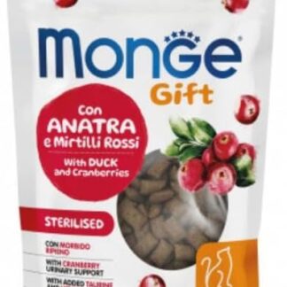 Monge Snack Gatto Sterilised Gift Urinary Support,snack per gatti adulti di tutte le taglie,gusto ANATRA e MIRTILLI ROSSI,senza cereali,favorisce il sostegno immunitario | 3 bustine da 50 g