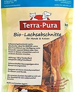 Sezioni di salmone biologico, essiccato, spuntino per cani e gatti, ideale per barfer; 200 g