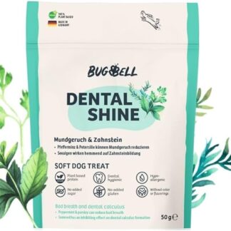 BugBell Bastoncini dentali per cani, 60 g, alito cattivo e tartaro, prezzemolo, menta piperita, esametafosfato di sodio, alghe brune, tè verde, macinato