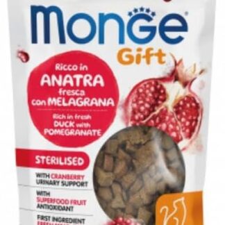 Monge Snack Gatto Sterilised Gift Urinary Support, snack per gatti adulti di tutte le taglie, gusto ANATRA e MELAGRANA,senza cereali, favorisce il sostegno urinario | 3 bustine da 50 grammi l’una.