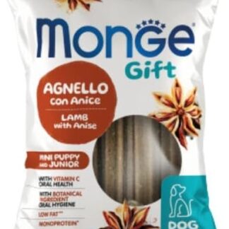 Monge Snack Cane Gift Dental Sticks, snack per cani cuccioli di tutte le taglie,gusto Agnello e Anice,senza cereali | 3 confezioni da 120 grammi l’una.