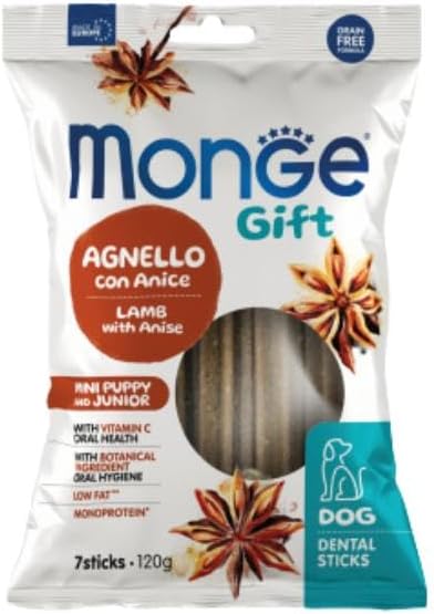 Monge Snack Cane Gift Dental Sticks, snack per cani cuccioli di tutte le taglie,gusto Agnello e Anice,senza cereali | 3 confezioni da 120 grammi l’una.