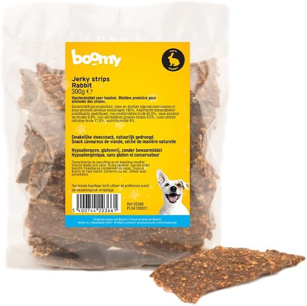 Boomy - Strisce di jerky - Snack per cani senza glutine - Carne secca - 300g (Coniglio)