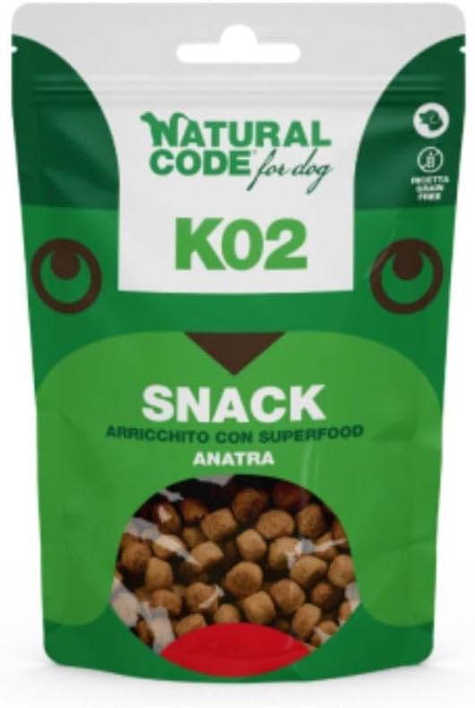 Natural Code Snack Cane,snack per cani adulti e cuccioli di tutte le taglie,morbidi bocconcini all'anatra K02 | 3 confezioni da 120 grammi l'una.