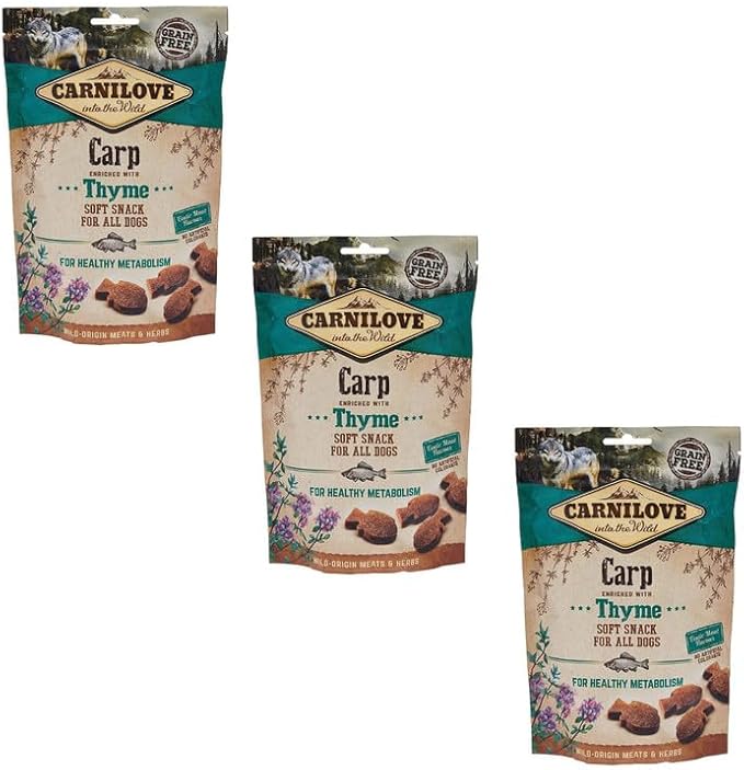 Carnilove Snack Morbido alla Carpa arricchito con Timo | Confezione Tripla | 3 x 200 g | Snack per Cani | Gusto Carpa e Timo | Senza Aggiunta di Zuccheri | Gusto di Carne Esotica