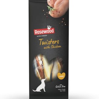 Rosewood Twisters Pollo Large - Snack da masticare in pelle di manzo per cani grandi, bastone al pollo, igiene dentale, senza cereali e glutine, senza additivi artificiali, 210 g