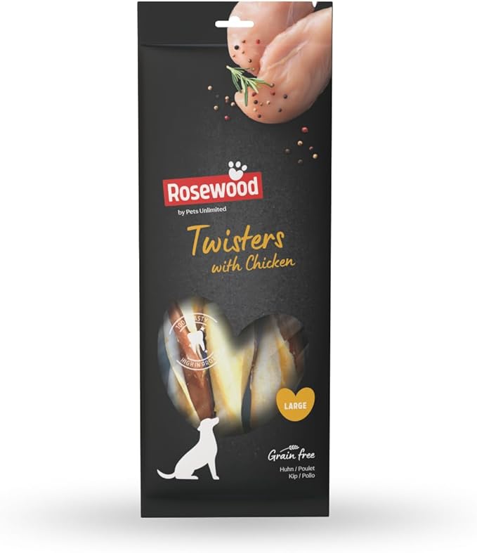 Rosewood Twisters Pollo Large - Snack da masticare in pelle di manzo per cani grandi, bastone al pollo, igiene dentale, senza cereali e glutine, senza additivi artificiali, 210 g