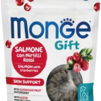Monge Snack Cane Gift, snack per cani di tutte le taglie, gusto Salmone con Mirtilli rossi, senza cereali, favorisce la lucentezza del manto | 3 confezioni da 150 grammi l’una.
