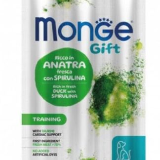 Monge Snack Cane Gift Stick, snack per cani di tutte le etá,gusto Anatra e Alga Spirulina,senza cereali,favorisce il supporto delle funzionalità cardiache | 3 bustine da 135 grammi l’una.