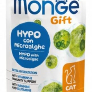 Monge Snack Gatto Gift Hypo con Microalghe, snack per gatti adulti di tutte le taglie con intolleranze alimentari, gusto Vegetale, senza cereali | 3 bustine da 60ml l’una.