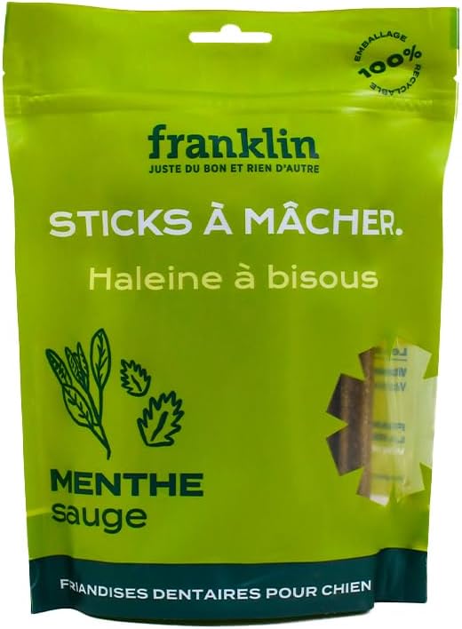 Franklin - Dolcetti dentali per cani - Stick da masticare con 30% di menta - Alito fresco - 250 g