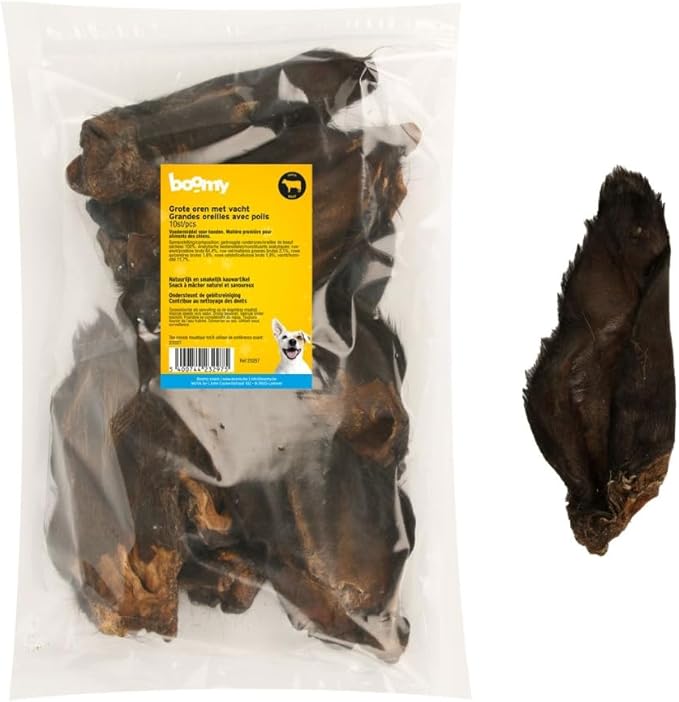 Boomy - Grandi orecchie di manzo con pelo, snack naturali per cani allergici, snack masticabili salutari, confezione da 10
