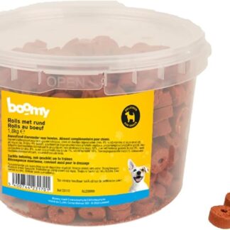 Boomy - Rotoli con manzo – Snack morbidi per cani per l'addestramento o il tempo libero – Snack per cani in secchiello richiudibile - Rotoli da masticare - 1,8 kg