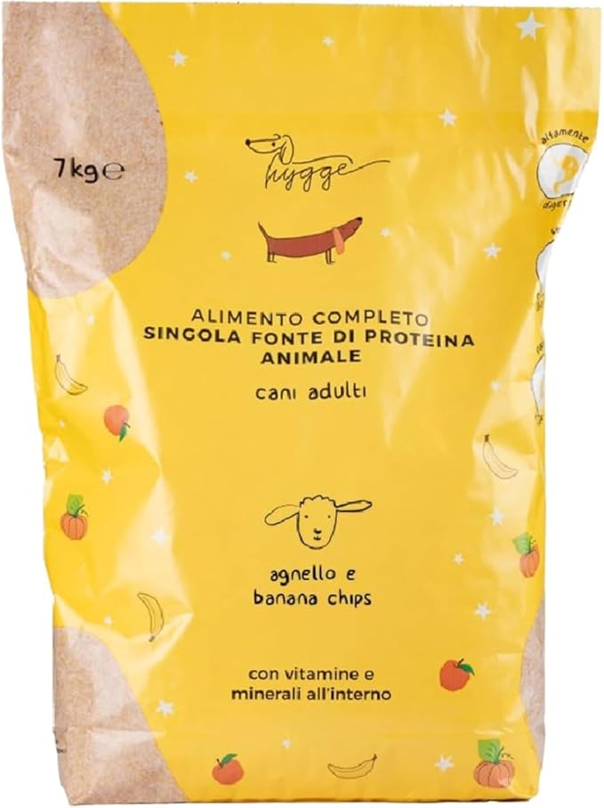 Crocchette Cani Monoproteiche Agnello e Banana chips in pezzi | 7Kg Croccantini Cani Adulti di taglia medio grande | Mangime Secco per Cani | Naturale Prodotto in Italia | Hygge Dog