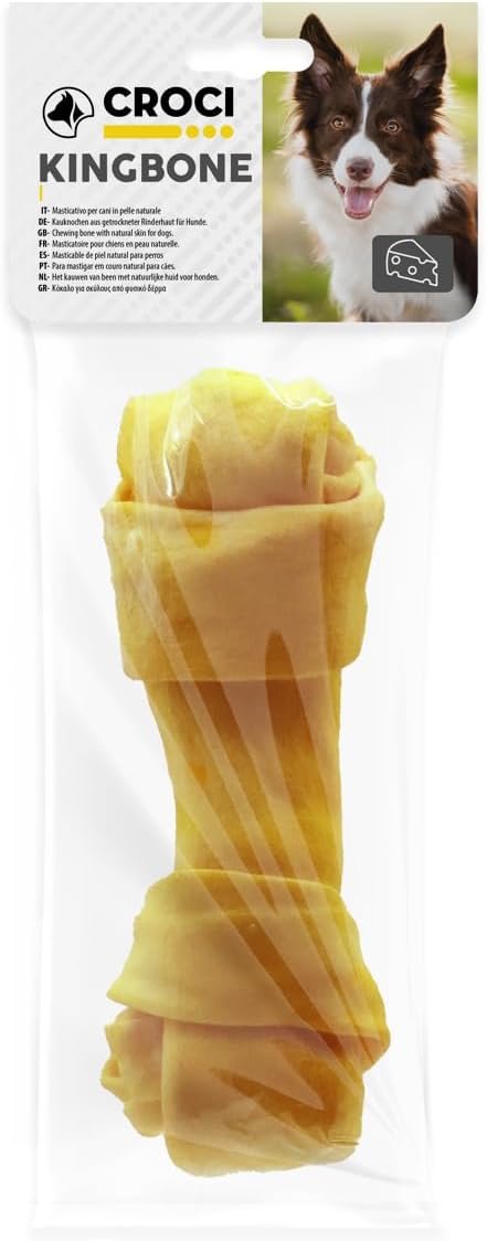 Croci King Bone - Ossa annodate al formaggio, Snack premio masticativo per cani in pelle bovina naturale, dental stick per la pulizia dei denti, 20 cm - 110 g