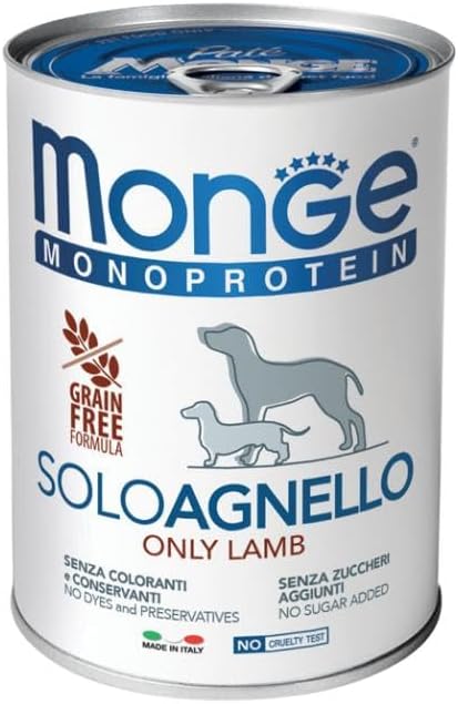 Monge Monoprotein Cane Grainfree, alimento completo per cani adulti di tutte le taglie, monoproteico, senza cereali gusto AGNELLO | 6 scatolette da 400 grammi l’una.