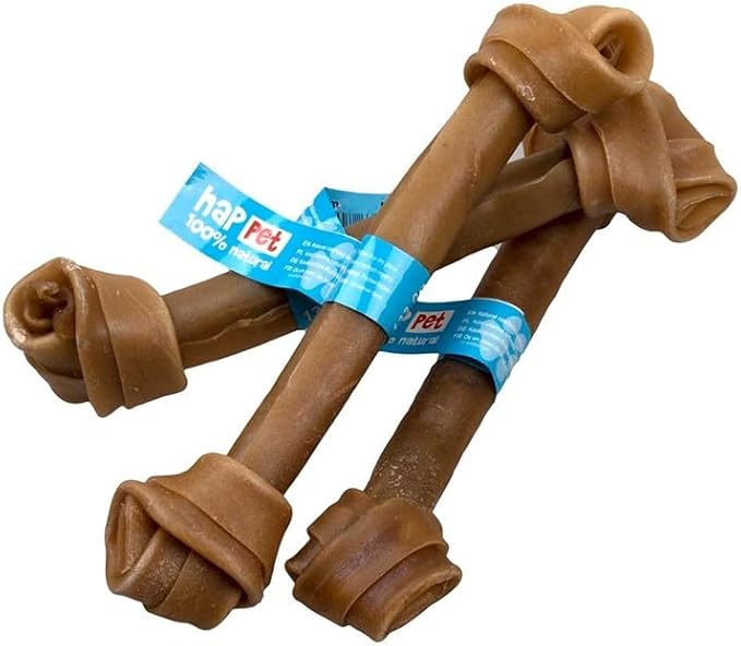 HAPPET Osso legato naturale per cani, 25 cm, 3 pezzi, masticatori sani in pelle bovina, promuovono l'igiene orale, riducono lo stress e soddisfano l'istinto masticatorio