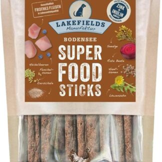 LAKEFIELDS MANUFAKTUR - Bastoncini per cani di campagna, snack per cani con carne di pollo, 61%, semi di canapa e mirtilli, 1 x 130 g, dimensioni: 8 x 130 g