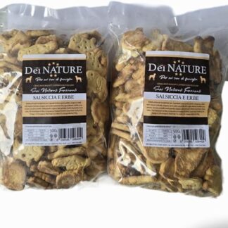 DEI NATURE Biscotti Cani Salsiccia e Erbe 2 Confezioni da 500g, Human Grade, Superfood, Snack per cani,Premio per cani