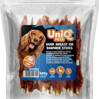 UniQ Pets Cane leckerli Anatra su bastone da masticare 500 g – Spuntini morbidi per cani di grossa taglia – Senza glutine – Petto d'anatra – Carne secca per cani