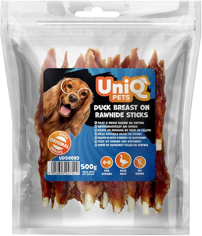 UniQ Pets Cane leckerli Anatra su bastone da masticare 500 g – Spuntini morbidi per cani di grossa taglia – Senza glutine – Petto d'anatra – Carne secca per cani