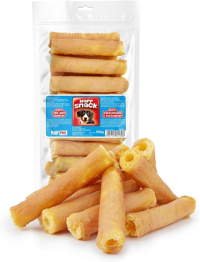 HAPPET Dolcetti per cani - Tubi di mais con pollo 10 cm, 500 g - dentale naturale da addestramento in pelle bovina e carne di pollo, prelibatezze sane e facilmente digeribili