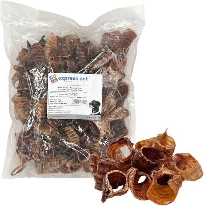 Express Pet Supplies Pipa ad aria pre-tagliata di manzo Trachea da 500 g (circa 35-45 tubi) di piccola razza perfetta per cuccioli, 100% naturale essiccato all'aria