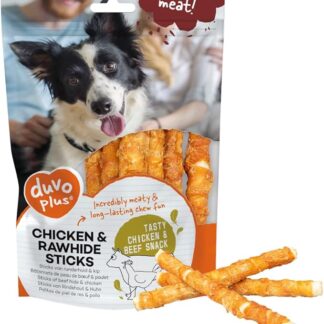 duvoplus, Meat! Bastoncini di pelle di manzo e pollo 12,5 cm - ± 9st, cura e rafforzamento dei denti, senza cereali o glutine, ideale per cani allergici o intolleranti, senza zucchero aggiunto