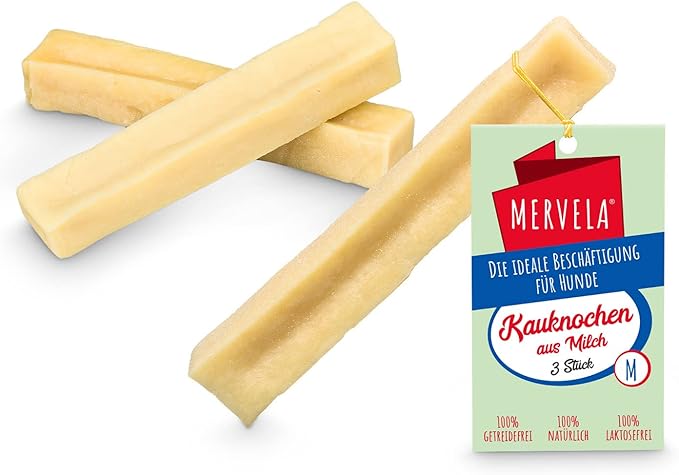 MERVELA Ossa da masticare, latte 100% naturale, senza lattosio, senza additivi, ossa da masticare a base di formaggio, piacere di masticazione duraturo e attività per il cane (cani medi, 3 pezzi)