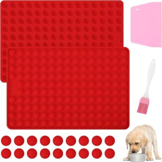 Votoko 2 tappetini da forno in silicone per cani, mini forma rotonda, 1,5 cm, 148 griglie, antiaderente, con raschietto, tappetini da forno per cani fai da te, cioccolato, biscotti