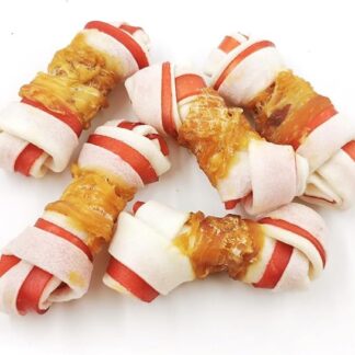 Snack Osso Annodato Bicolore Con Pollo E Pelle Di Bovina Per Cane Cani Dog. 6 BUSTE DA 67,5g CADAUNO