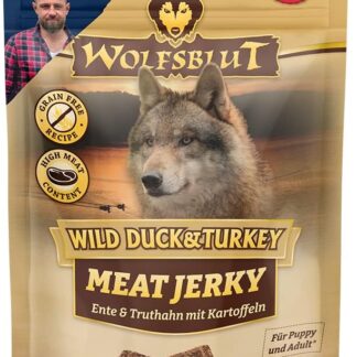 Wolfsblut - Meat Jerky Wild Duck & Turkey 1 x 80 g - Spuntino per cani - Cibo per cani - Senza cereali