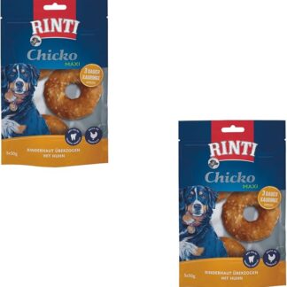 Rinti Chicko Maxi Anelli da masticare | Confezione Doppia | 2 x 150 g | In pelle bovina resistente ricoperta di carne di pollo | Particelle pulenti a base di minerali | Richiudibile