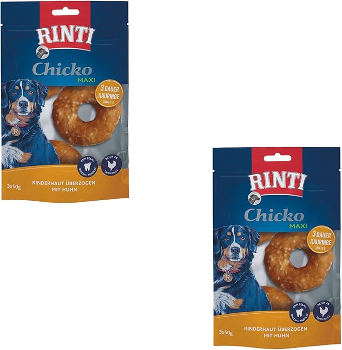 Rinti Chicko Maxi Anelli da masticare | Confezione Doppia | 2 x 150 g | In pelle bovina resistente ricoperta di carne di pollo | Particelle pulenti a base di minerali | Richiudibile