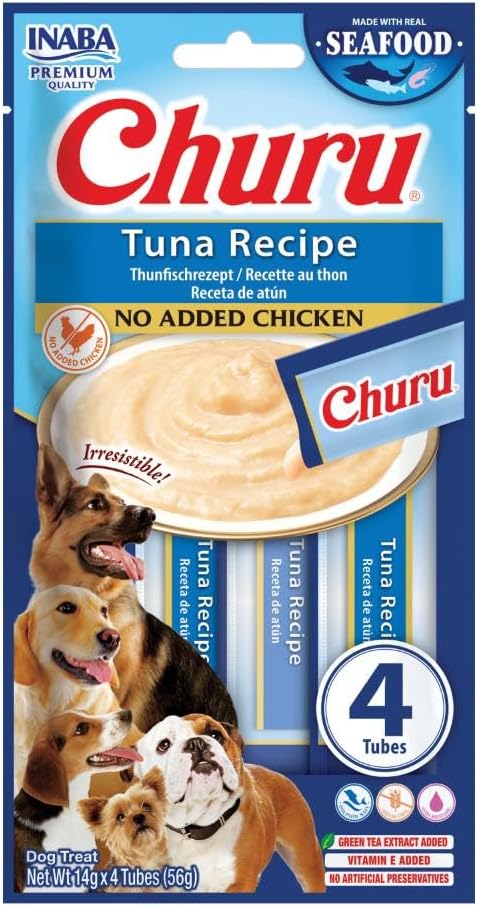 INABA Churu Snack per Cani Cremoso al Tonno, 1 Pack (4 Stick x 14gr) - Premietti Cane Ipocalorici, Morbidi e Deliziosi - Cibo per Cani Senza Pollo, Conservanti o Coloranti Artificiali, Grain-Free