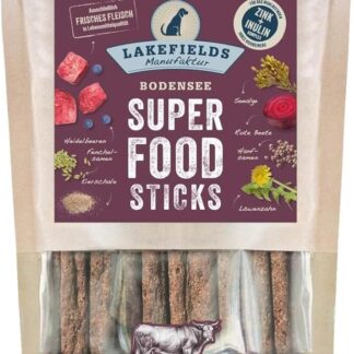 LAKEFIELDS MANUFAKTUR SUPERFOOD - Bastoncini per cani di alta qualità, 61%, cani ricchi di sostanze nutritive, sani e senza cereali, snack per cani con carne di manzo e mirtilli, 1 x 130 g,